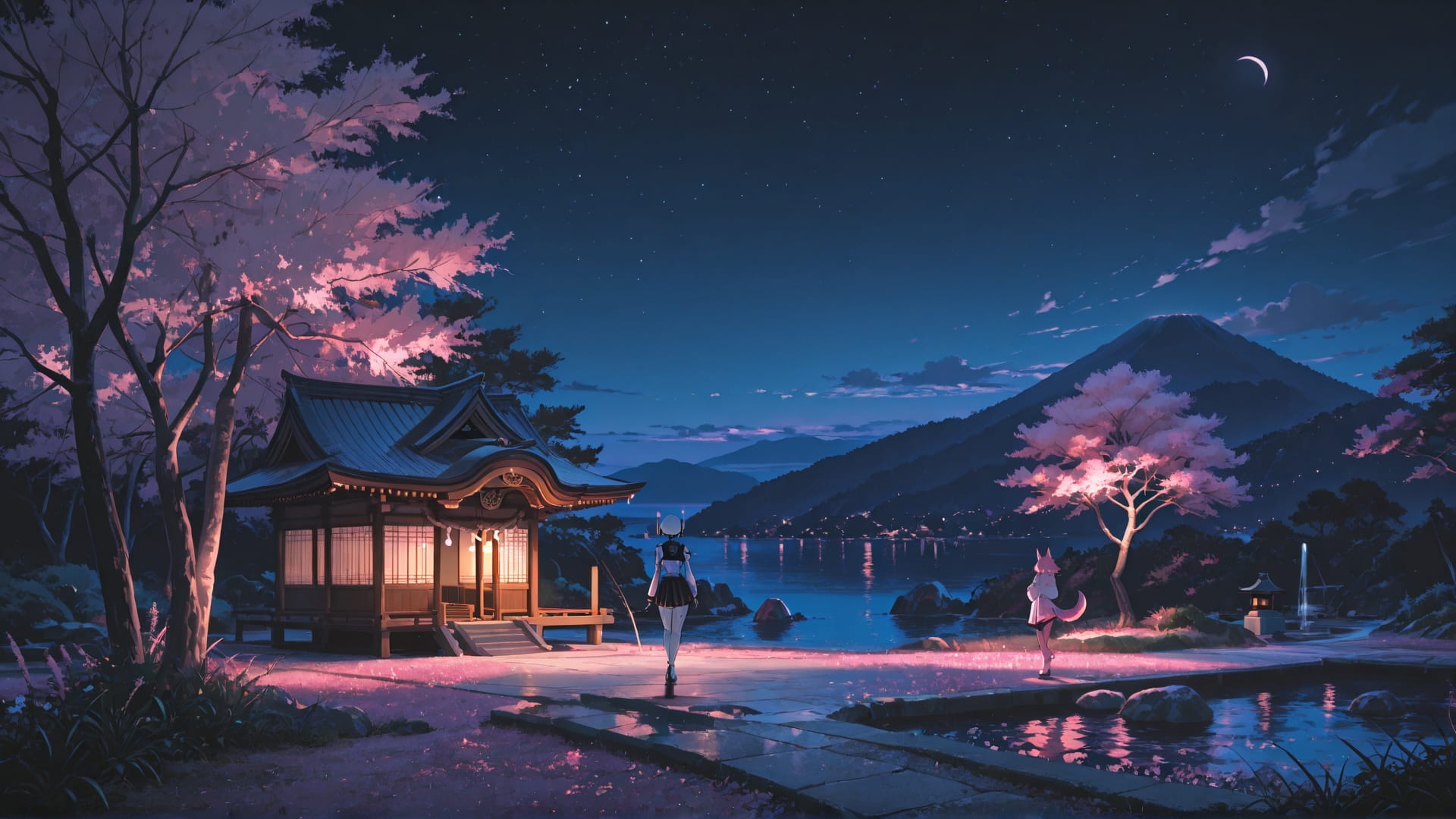 Pink Night Sea Japanese smartphone wallpaper free download, vertical 16:9 format, Pink, Night, Sea, Spring