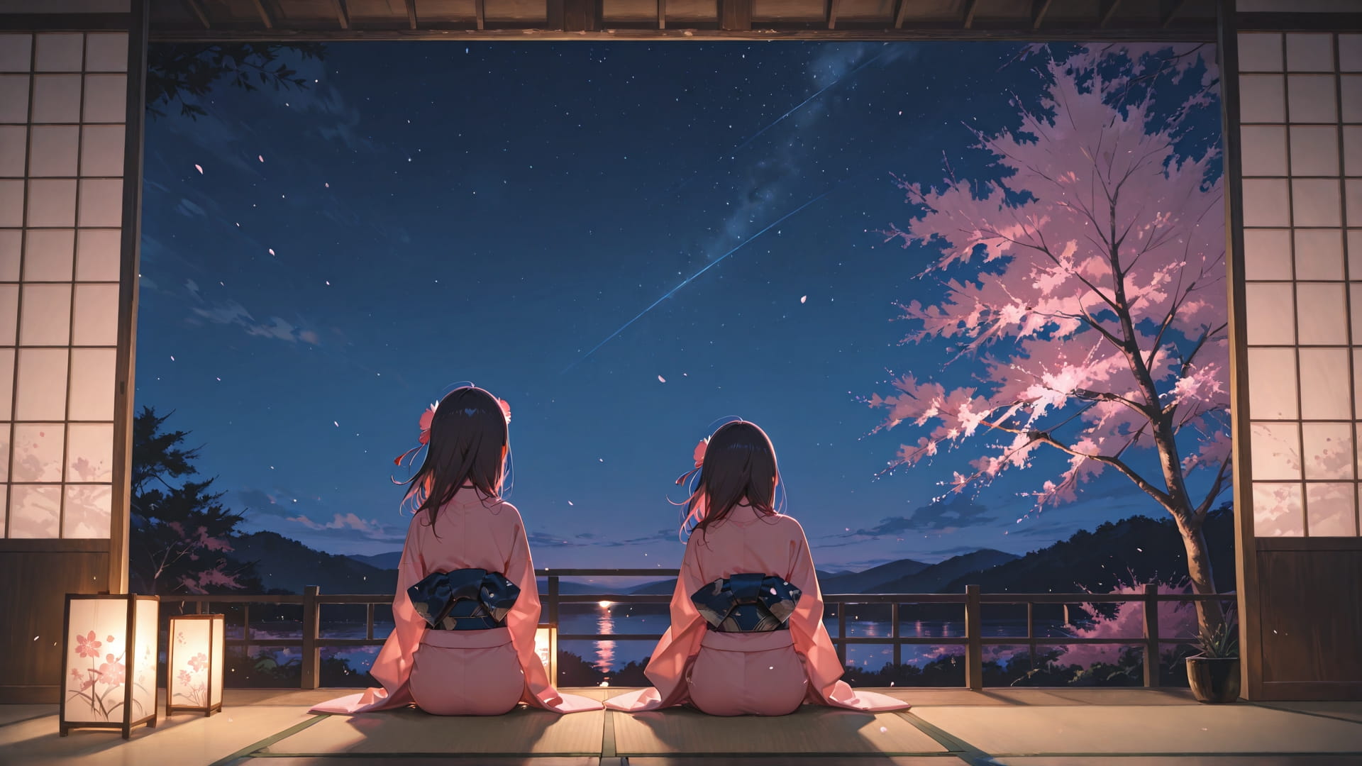 Pink Night Sky Japanese smartphone wallpaper free download, vertical 16:9 format, Pink, Night, Sky, Spring 001