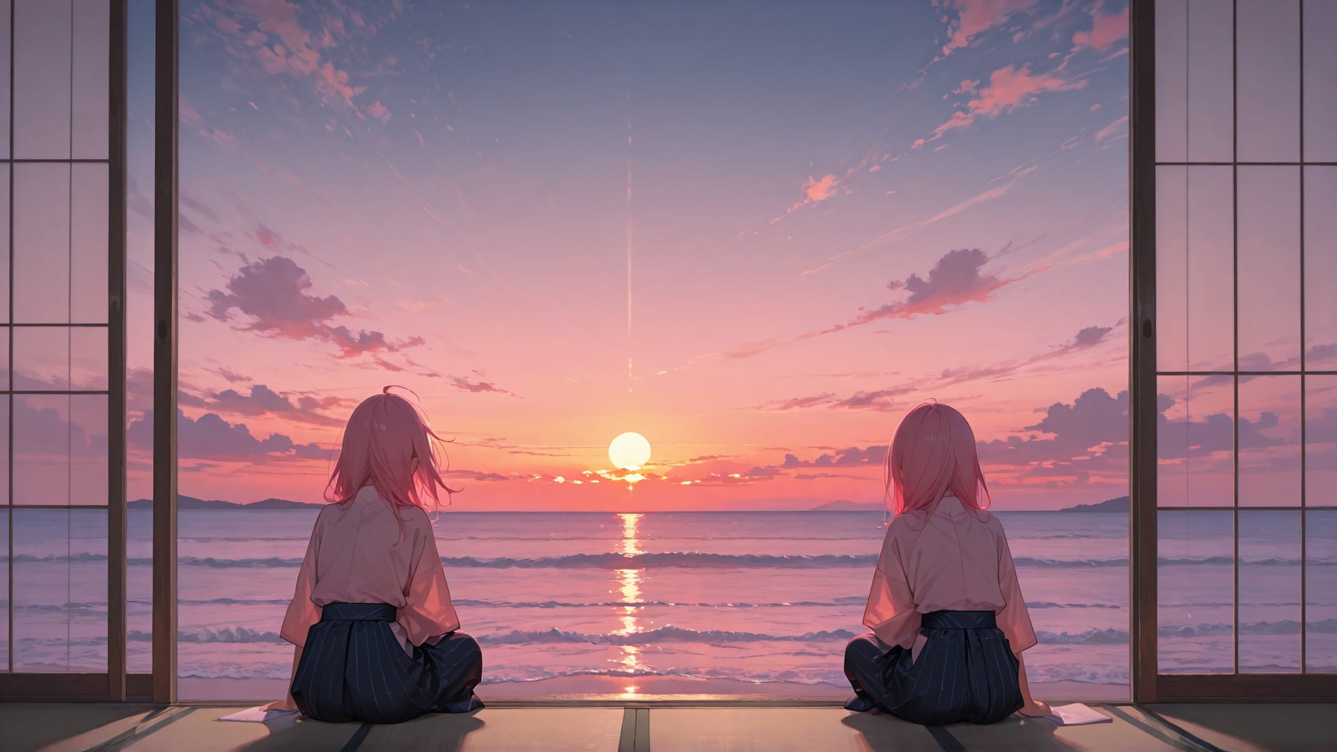 Pink Sunset Sea Japanese smartphone wallpaper free download, vertical 16:9 format, Pink, Sunset, Sea, Summer 001