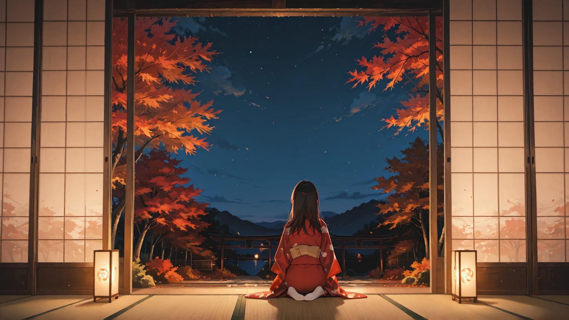 Red Night Sky Japanese smartphone wallpaper free download, vertical 16:9 format, Red, Night, Sky, Autumn 001
