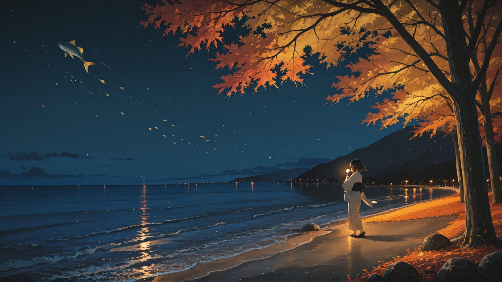 Yellow Night Sea Japanese smartphone wallpaper free download, vertical 16:9 format, Yellow, Night, Sea, Autumn