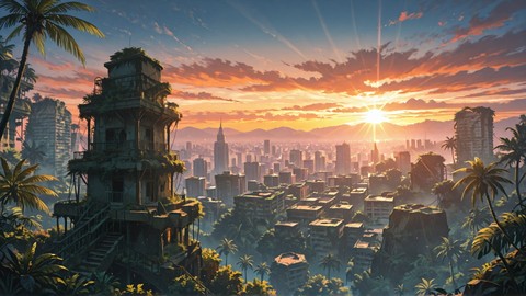 Orange Sunset City Jungle smartphone wallpaper free download, vertical 9:16 format, Orange, Sunset, City, Winter 001