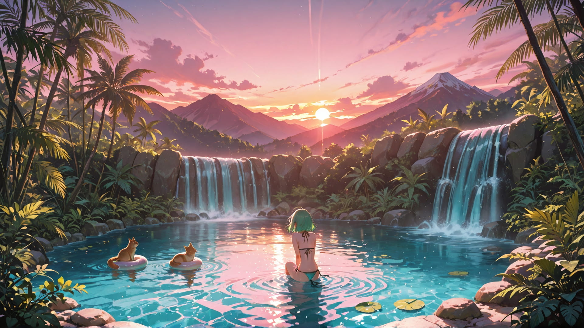 Pink Sunset Mountain Jungle smartphone wallpaper free download, vertical 16:9 format, Pink, Sunset, Mountain, Summer