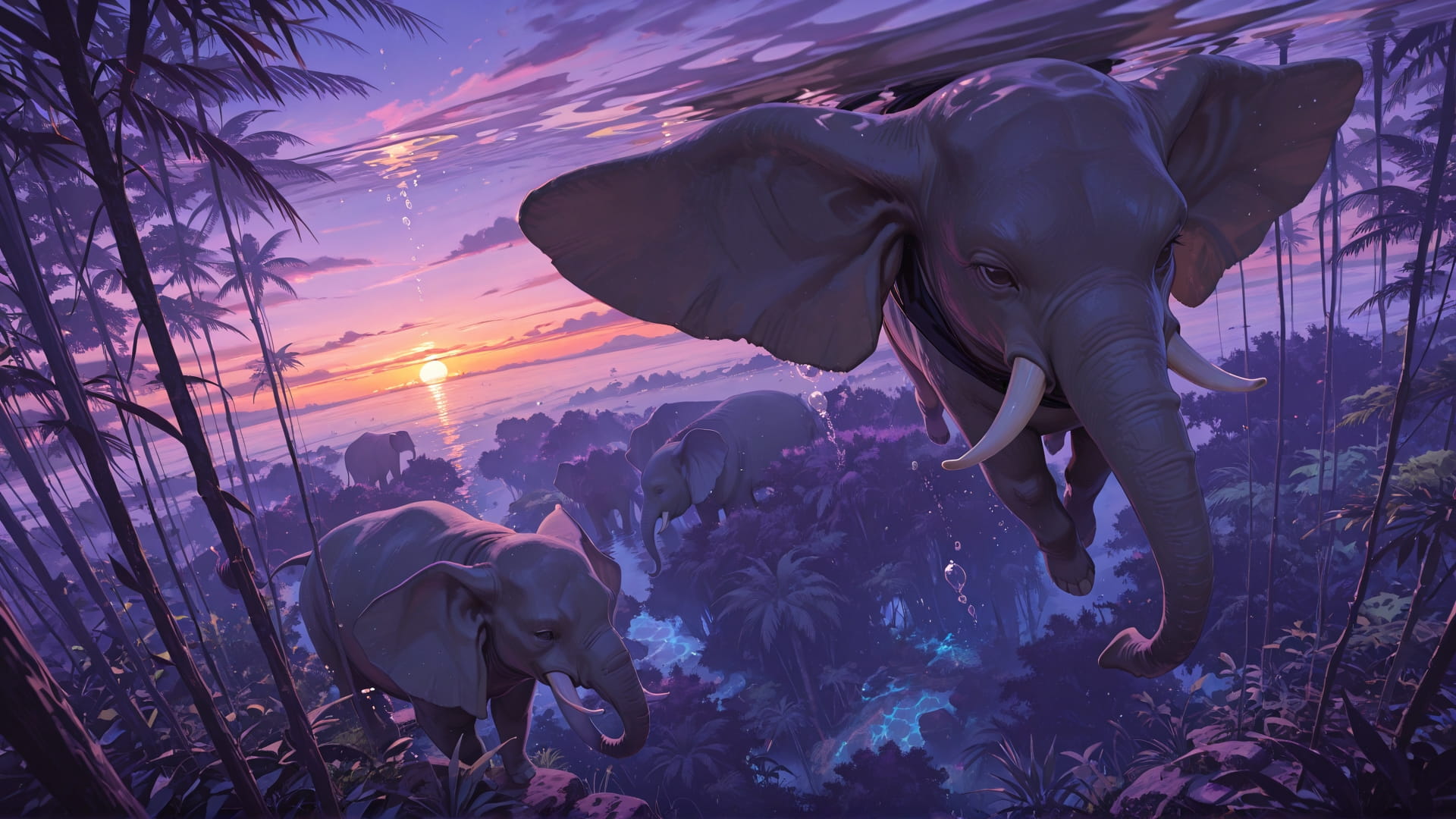 Purple Sunset Sea Jungle smartphone wallpaper free download, vertical 9:16 format, Purple, Sunset, Sea, Summer