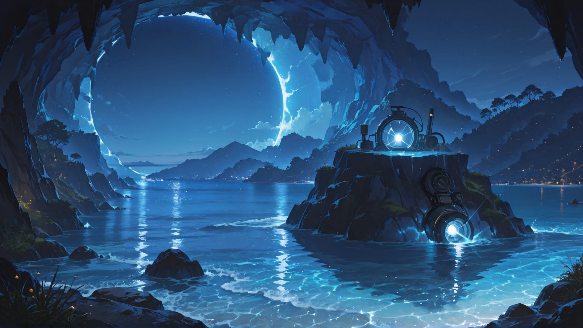 Blue Night Sea Lagoon smartphone wallpaper free download, vertical 16:9 format, Blue, Night, Sea, Spring