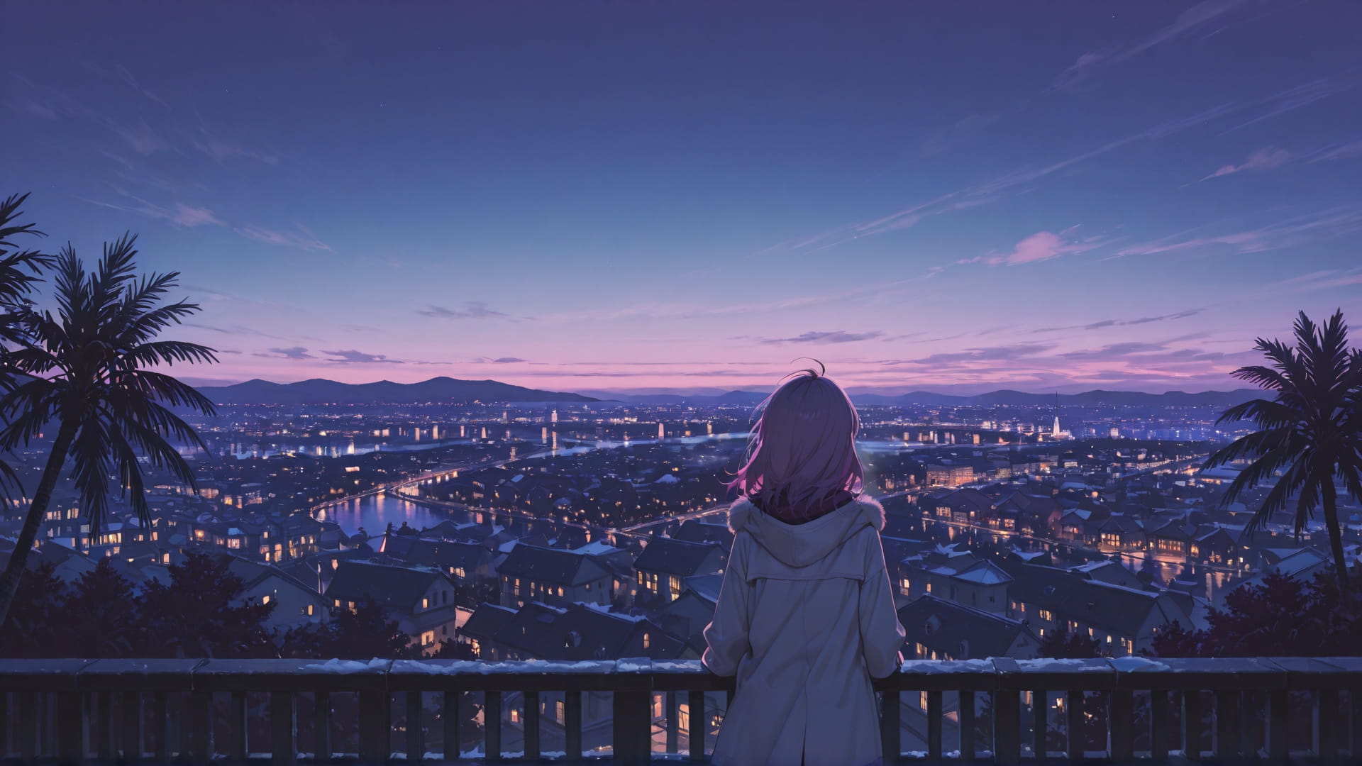 Purple Night City Lagoon smartphone wallpaper free download, vertical 16:9 format, Purple, Night, City, Winter 001