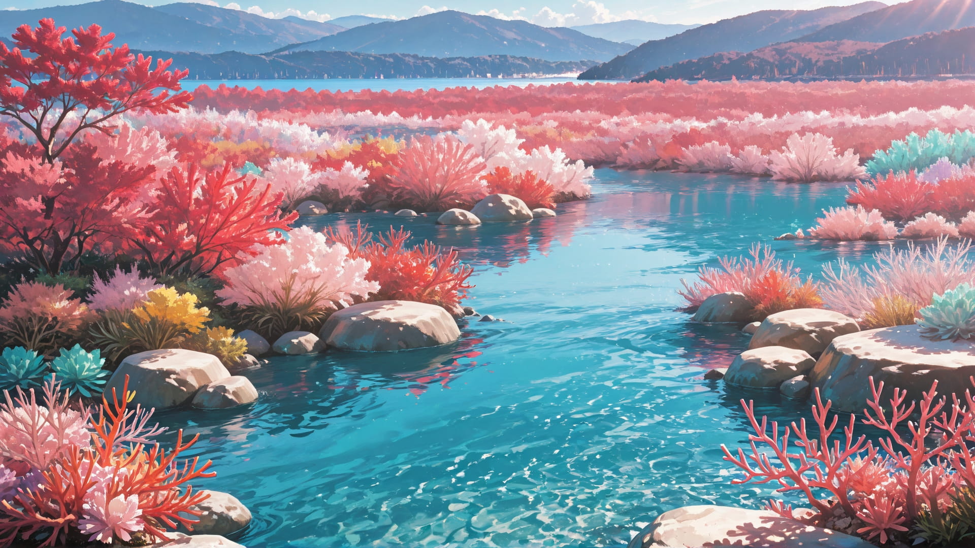 Red Afternoon Sea Lagoon smartphone wallpaper free download, vertical 16:9 format, Red, Afternoon, Sea, Spring 001