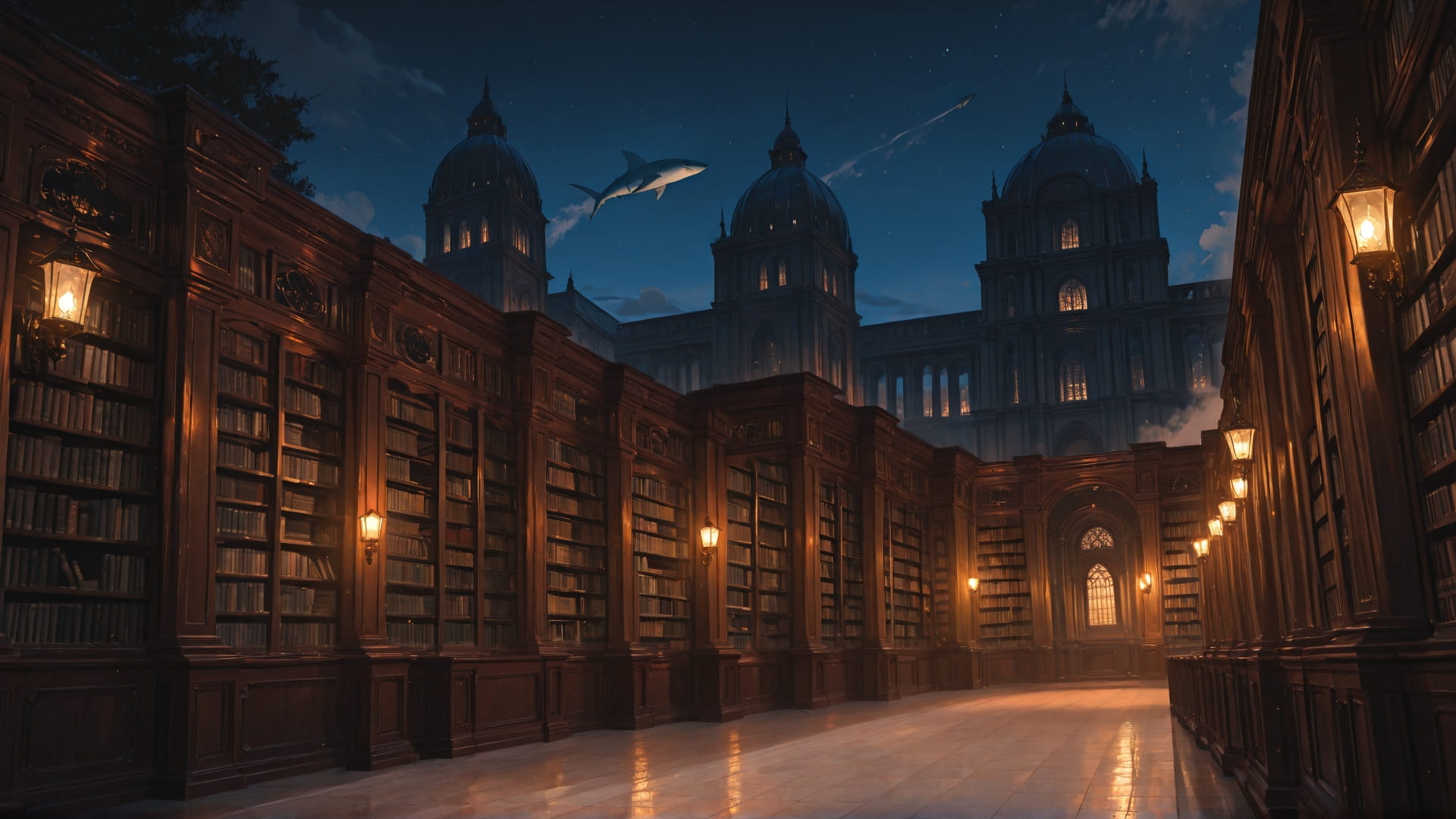 Red Night City Library smartphone wallpaper free download, vertical 9:16 format, Red, Night, City, Summer