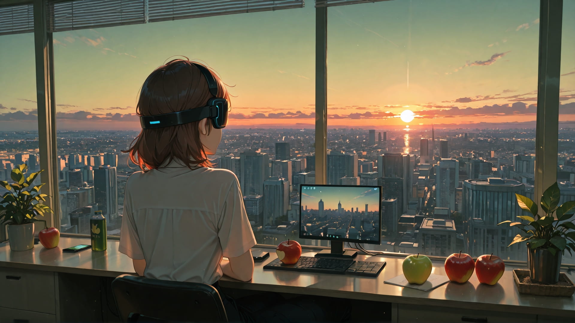 Green Sunset City MR smartphone wallpaper free download, vertical 16:9 format, Green, Sunset, City, Summer 001