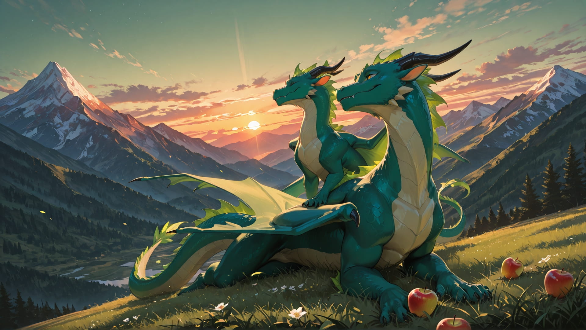 Green Sunset Mountain MR smartphone wallpaper free download, vertical 16:9 format, Green, Sunset, Mountain, Spring