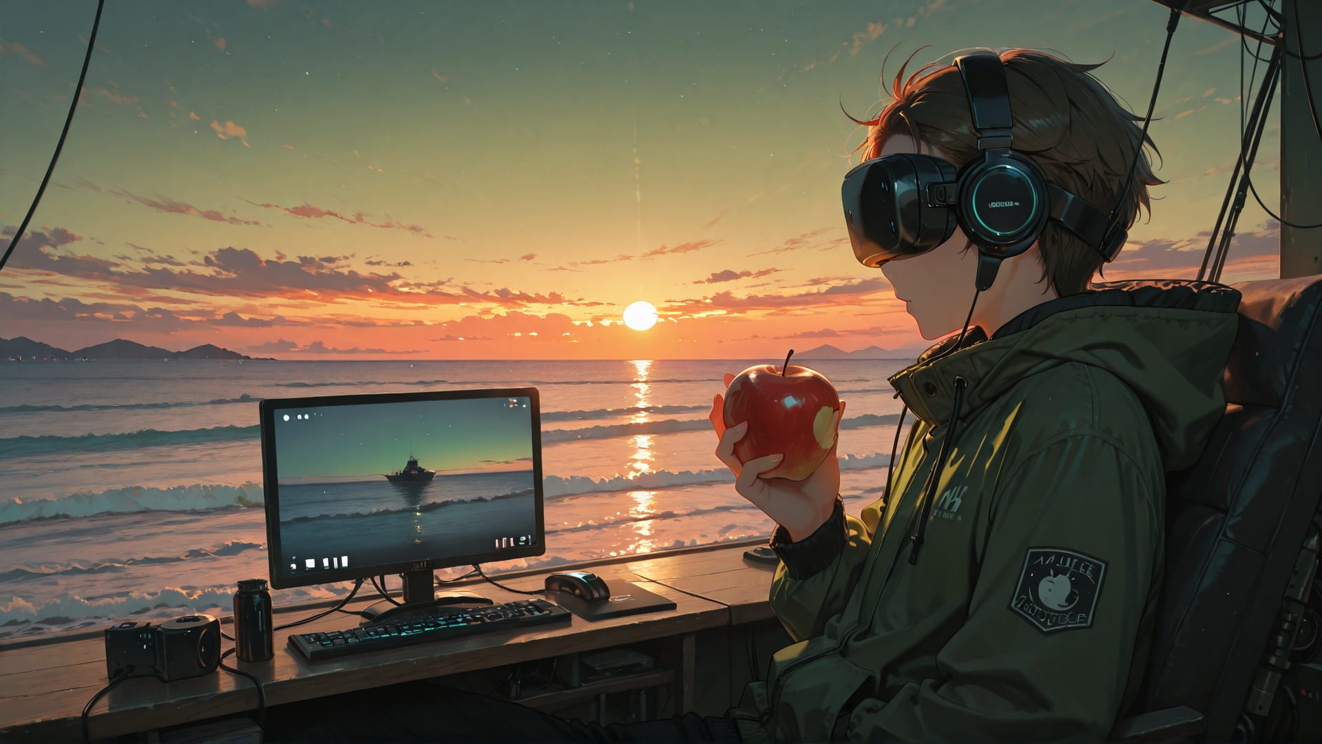 Green Sunset Sea MR smartphone wallpaper free download, vertical 16:9 format, Green, Sunset, Sea, Winter