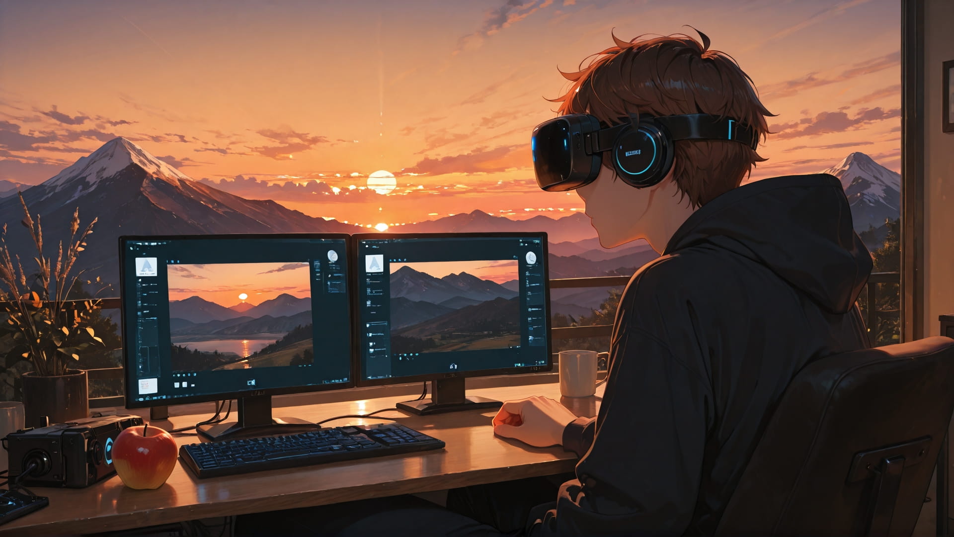 Orange Sunset Mountain MR smartphone wallpaper free download, vertical 16:9 format, Orange, Sunset, Mountain, Spring 001