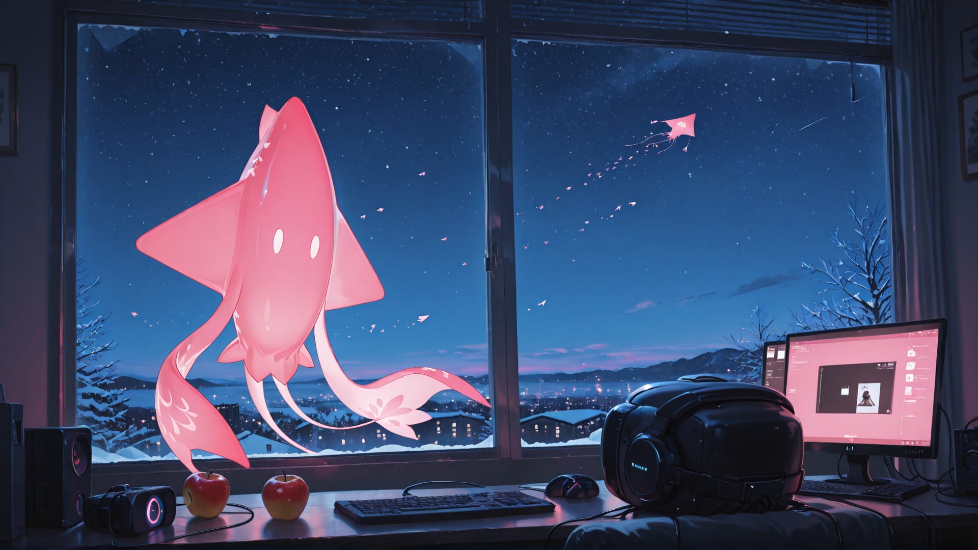 Pink Night Sky MR smartphone wallpaper free download, vertical 16:9 format, Pink, Night, Sky, Winter