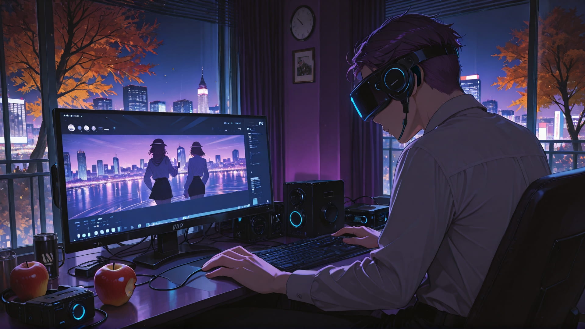 Purple Night City MR smartphone wallpaper free download, vertical 16:9 format, Purple, Night, City, Autumn 001