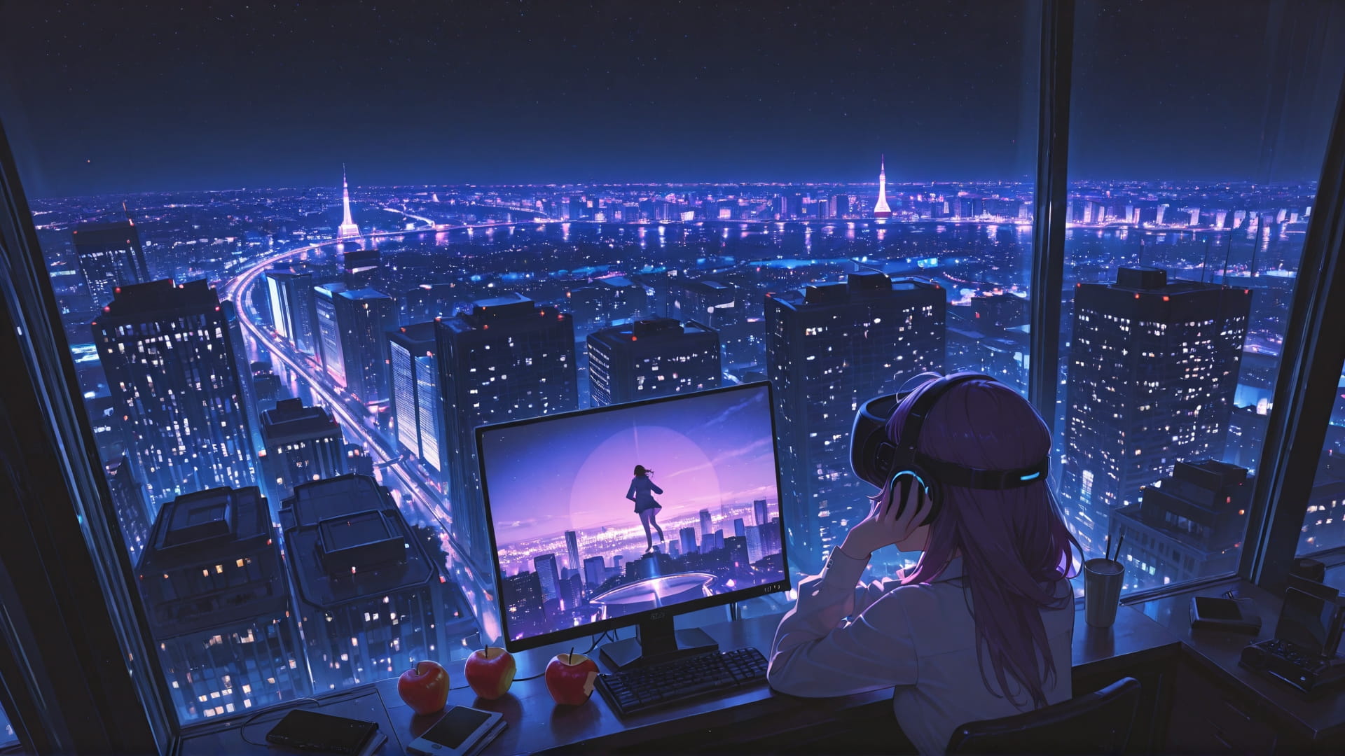 Purple Night City MR smartphone wallpaper free download, vertical 16:9 format, Purple, Night, City, Spring 001