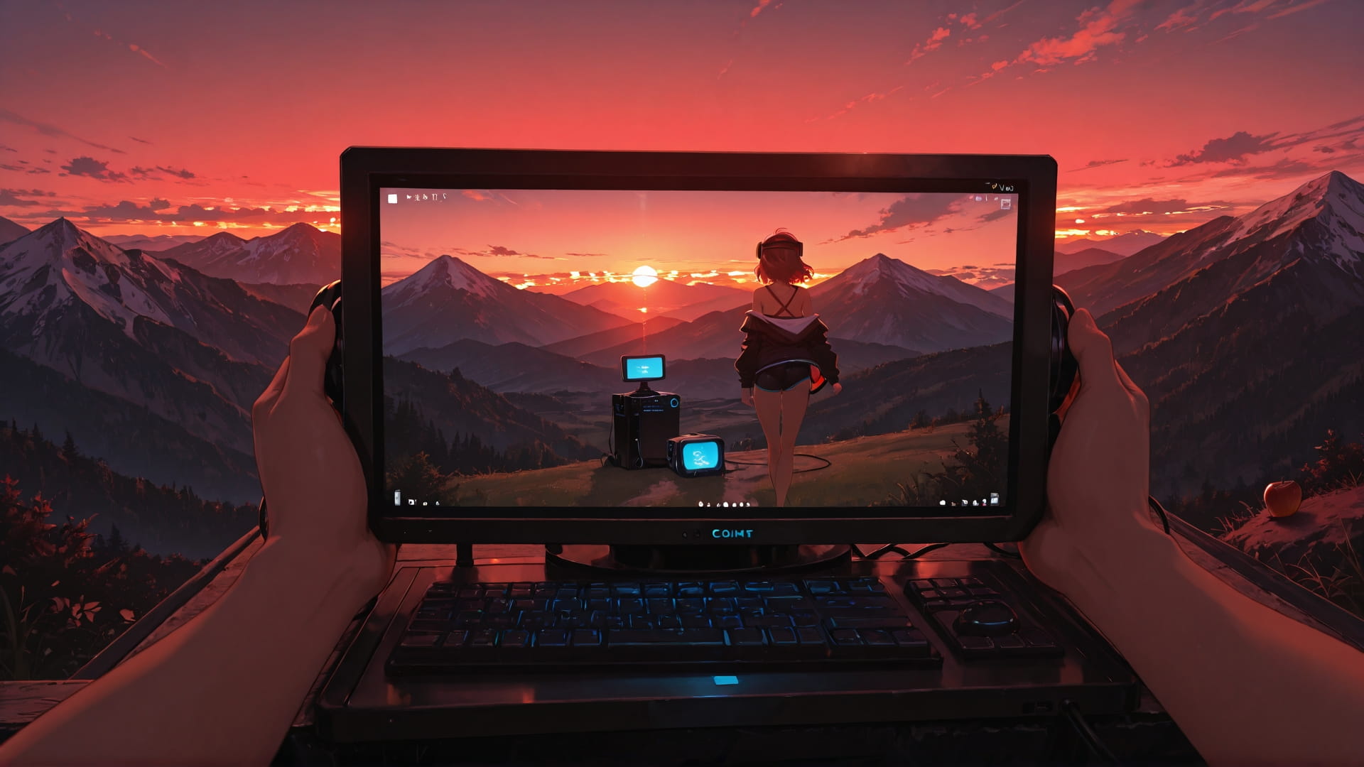 Red Sunset Mountain MR smartphone wallpaper free download, vertical 16:9 format, Red, Sunset, Mountain, Summer 001