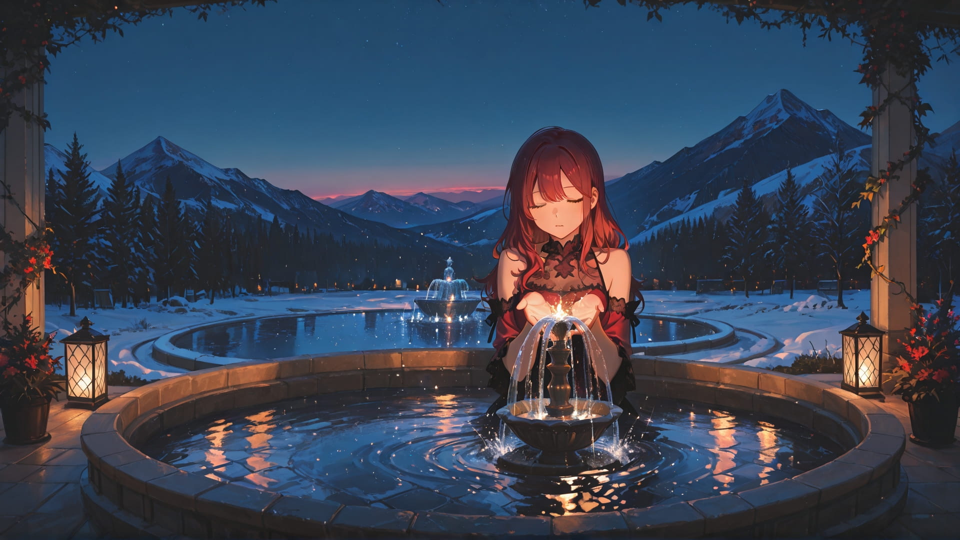 Red Night Mountain Marble smartphone wallpaper free download, vertical 16:9 format, Red, Night, Mountain, Winter 001