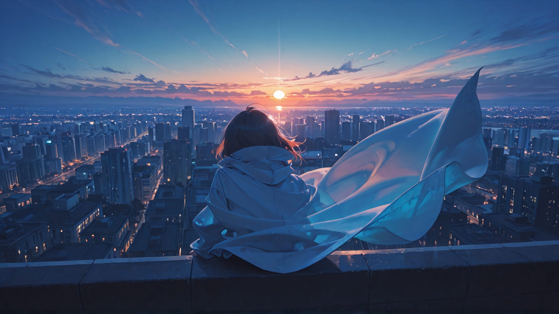 Blue Sunset City Mirage smartphone wallpaper free download, vertical 16:9 format, Blue, Sunset, City, Spring 001