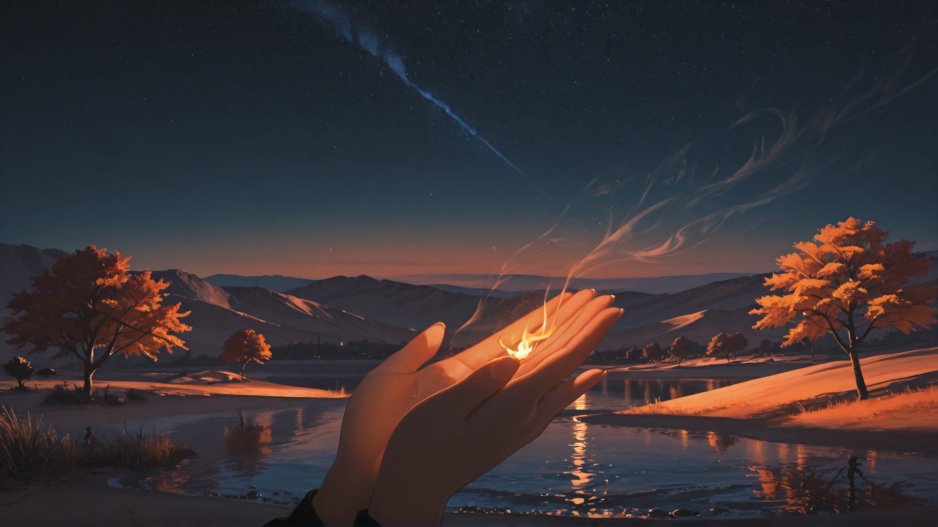 Orange Night Sea Mirage smartphone wallpaper free download, vertical 16:9 format, Orange, Night, Sea, Autumn 001