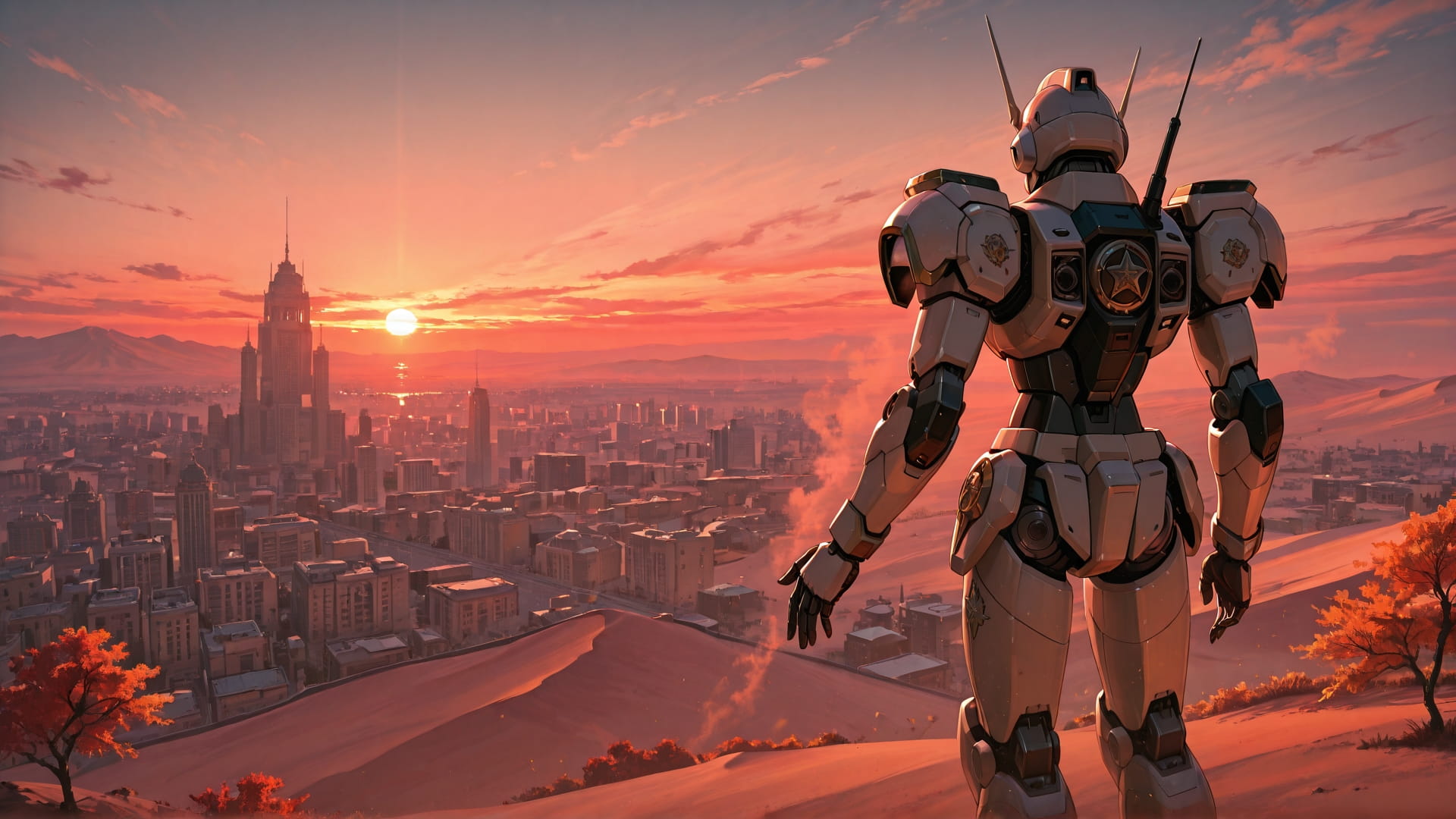 Red Sunset City Mirage smartphone wallpaper free download, vertical 16:9 format, Red, Sunset, City, Autumn