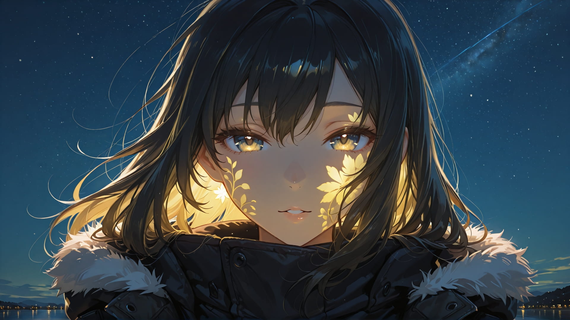 Yellow Night Sky Mirage smartphone wallpaper free download, vertical 16:9 format, Yellow, Night, Sky, Winter 001