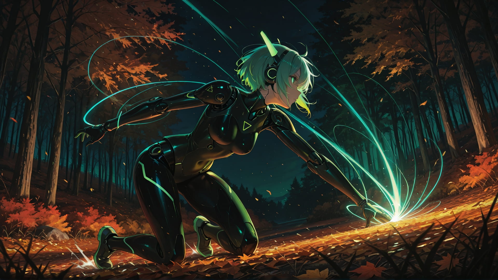 Green Night Nature Neon smartphone wallpaper free download, vertical 16:9 format, Green, Night, Nature, Autumn