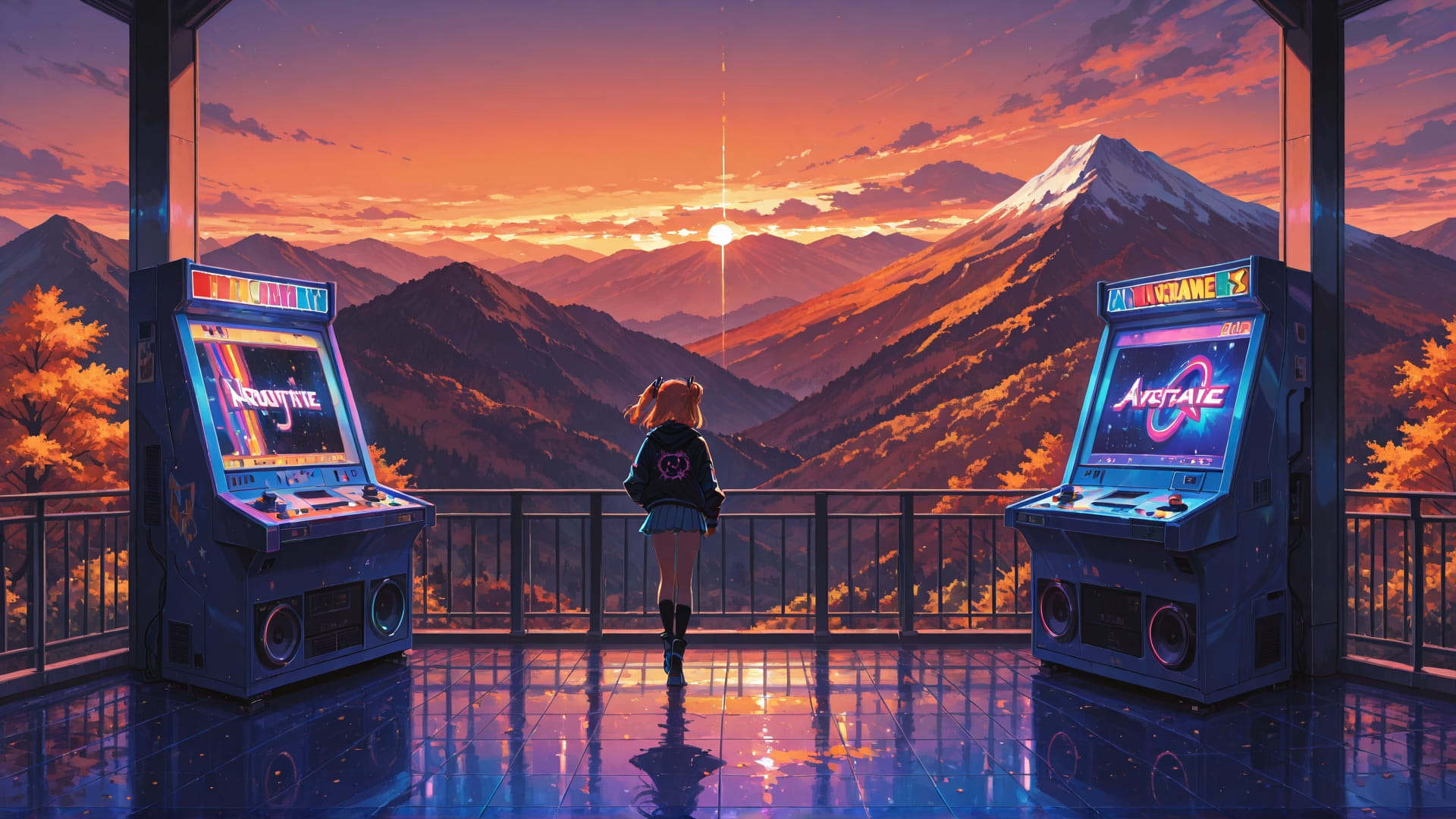 Orange Sunset Mountain Neon smartphone wallpaper free download, vertical 16:9 format, Orange, Sunset, Mountain, Autumn 001