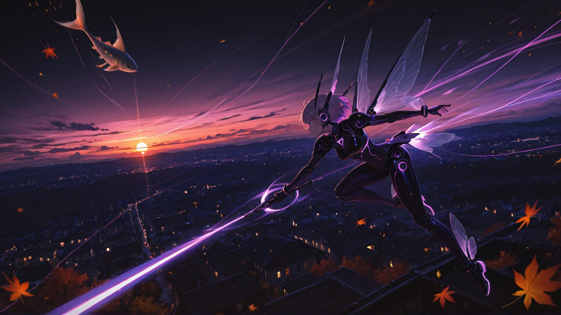 Purple Sunset City Neon smartphone wallpaper free download, vertical 16:9 format, Purple, Sunset, City, Autumn