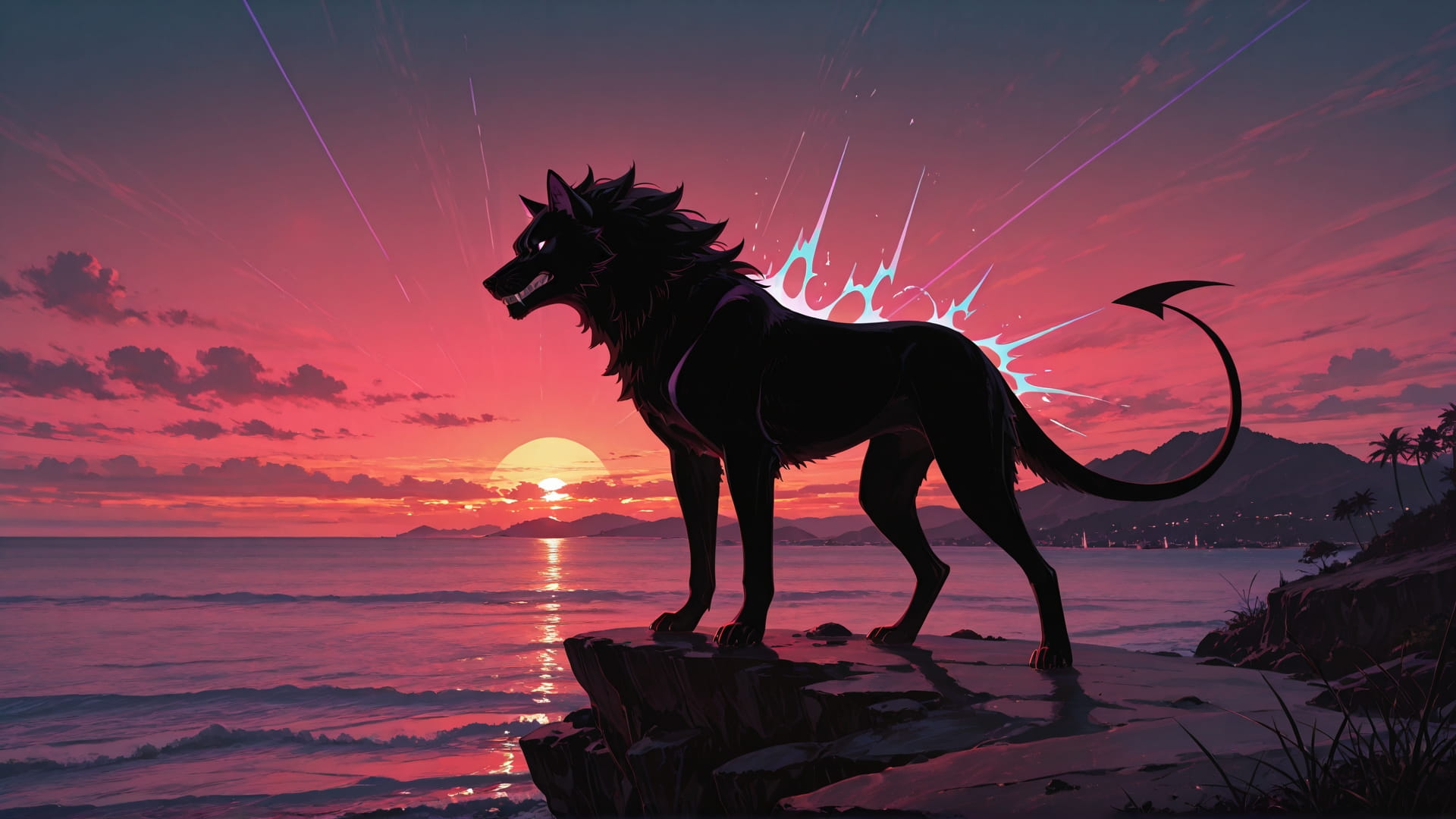 Red Sunset Sea Neon smartphone wallpaper free download, vertical 16:9 format, Red, Sunset, Sea, Spring 001