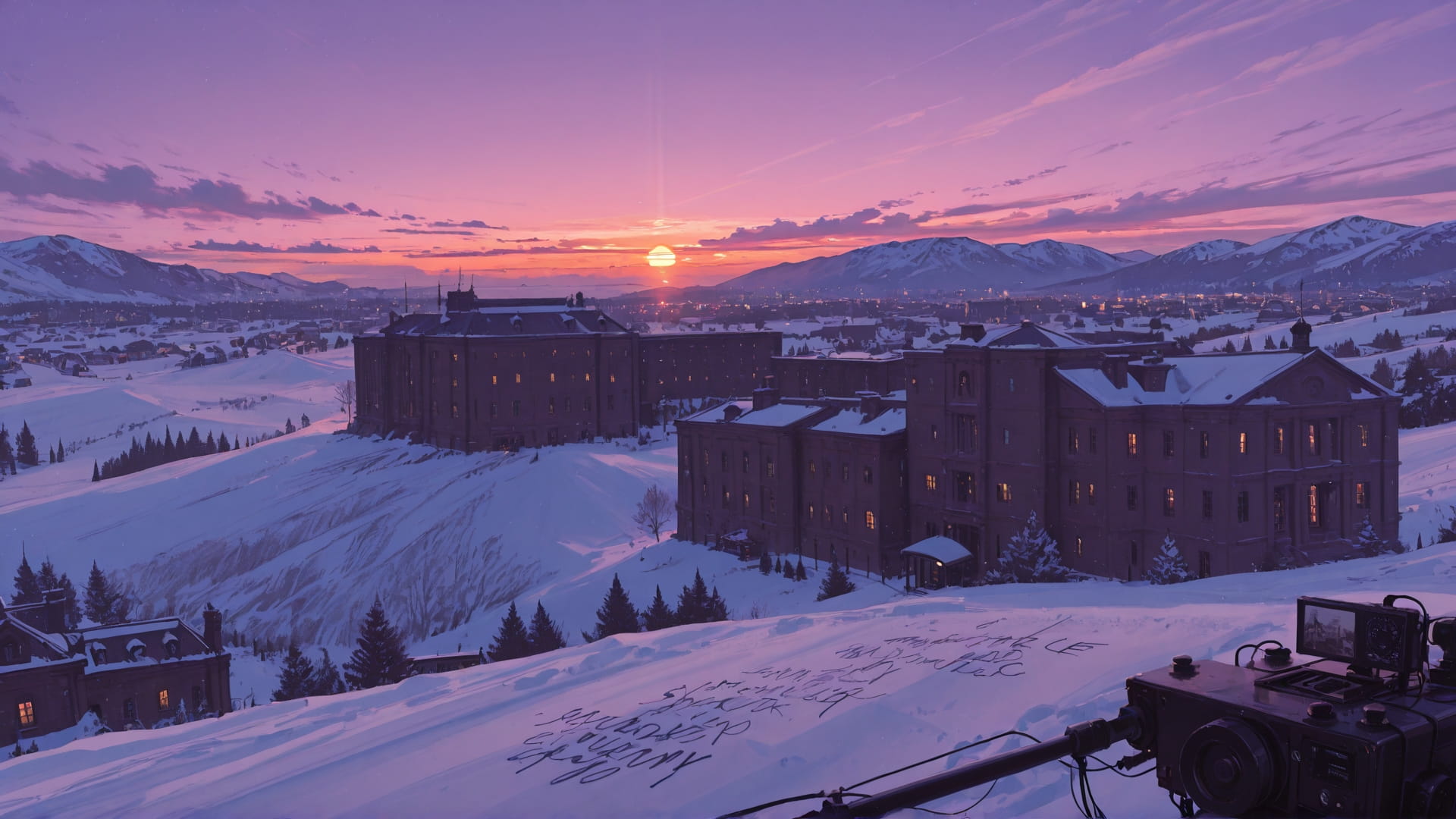 Purple Sunset City NotesAppChic smartphone wallpaper free download, vertical 16:9 format, Purple, Sunset, City, Winter