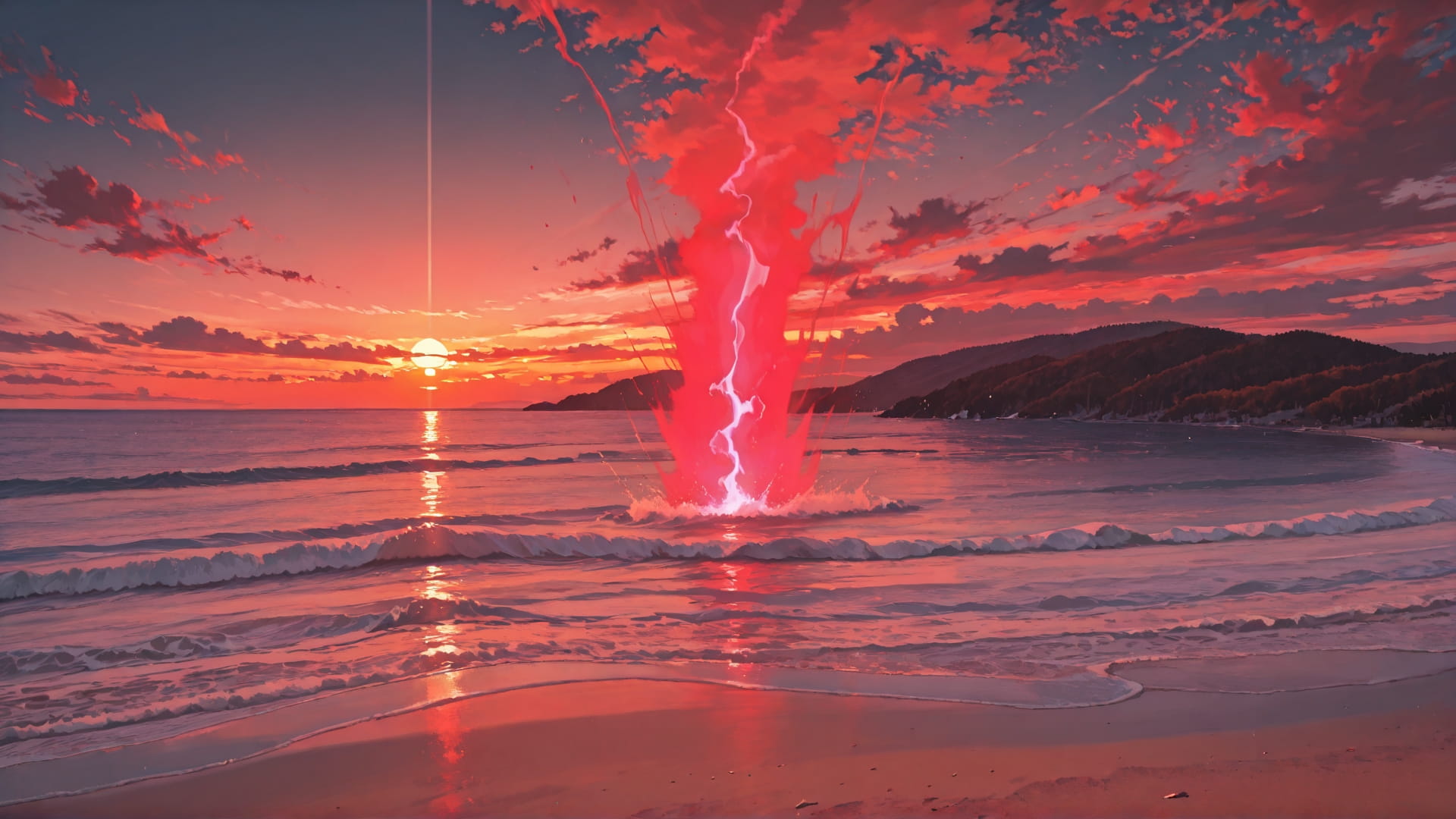 Red Sunset Sea Nuclear smartphone wallpaper free download, vertical 16:9 format, Red, Sunset, Sea, Autumn 001