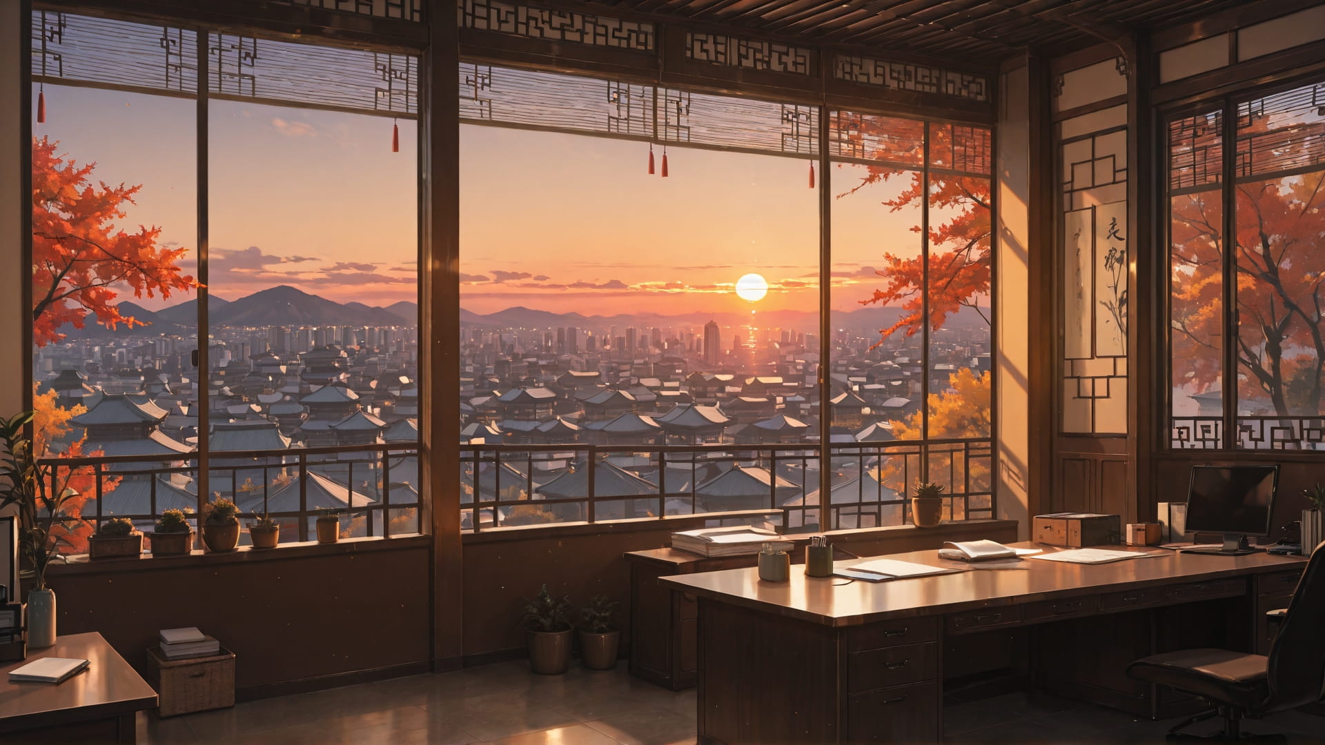 Brown Sunset City Office smartphone wallpaper free download, vertical 16:9 format, Brown, Sunset, City, Autumn 001