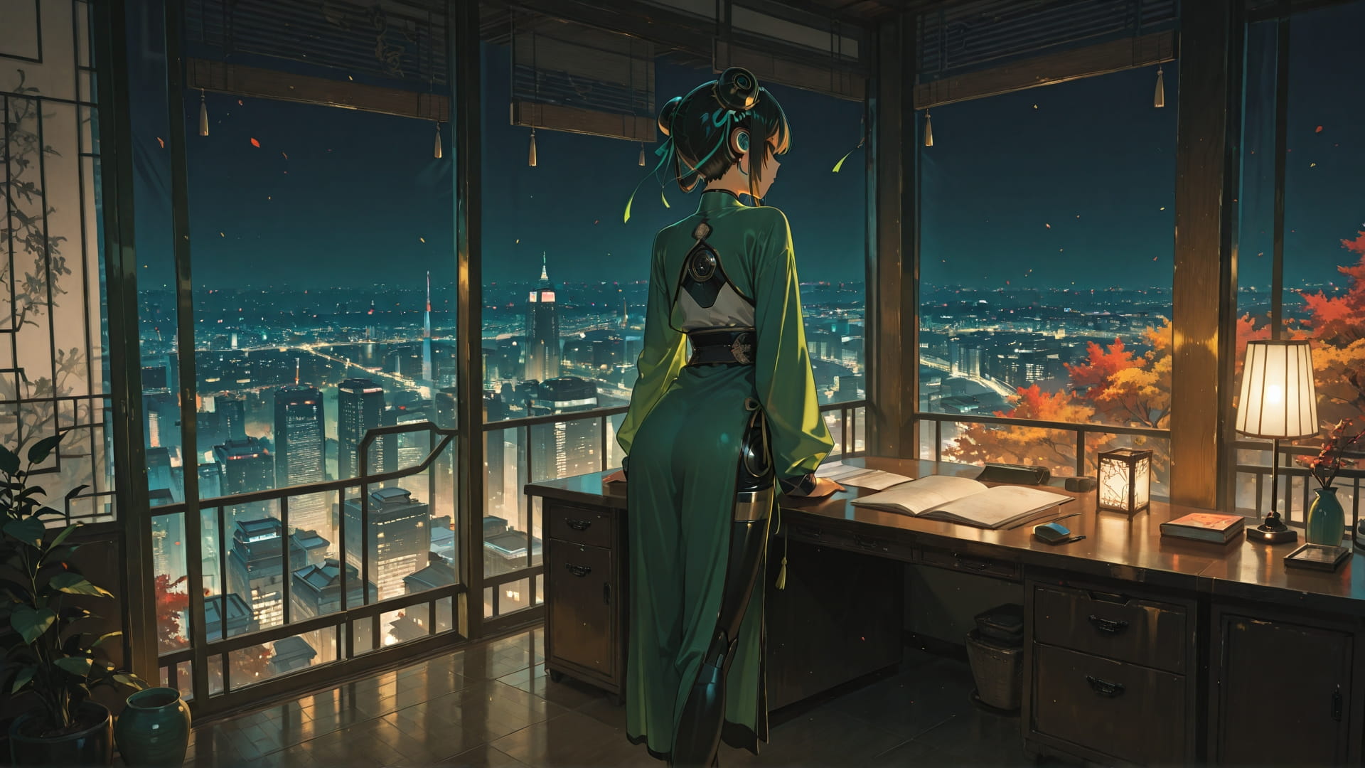 Green Night City Office smartphone wallpaper free download, vertical 16:9 format, Green, Night, City, Autumn