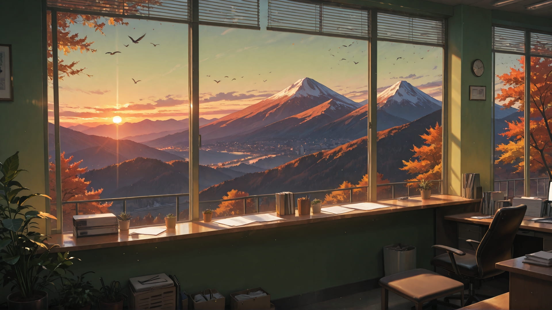 Green Sunset Mountain Office smartphone wallpaper free download, vertical 16:9 format, Green, Sunset, Mountain, Autumn