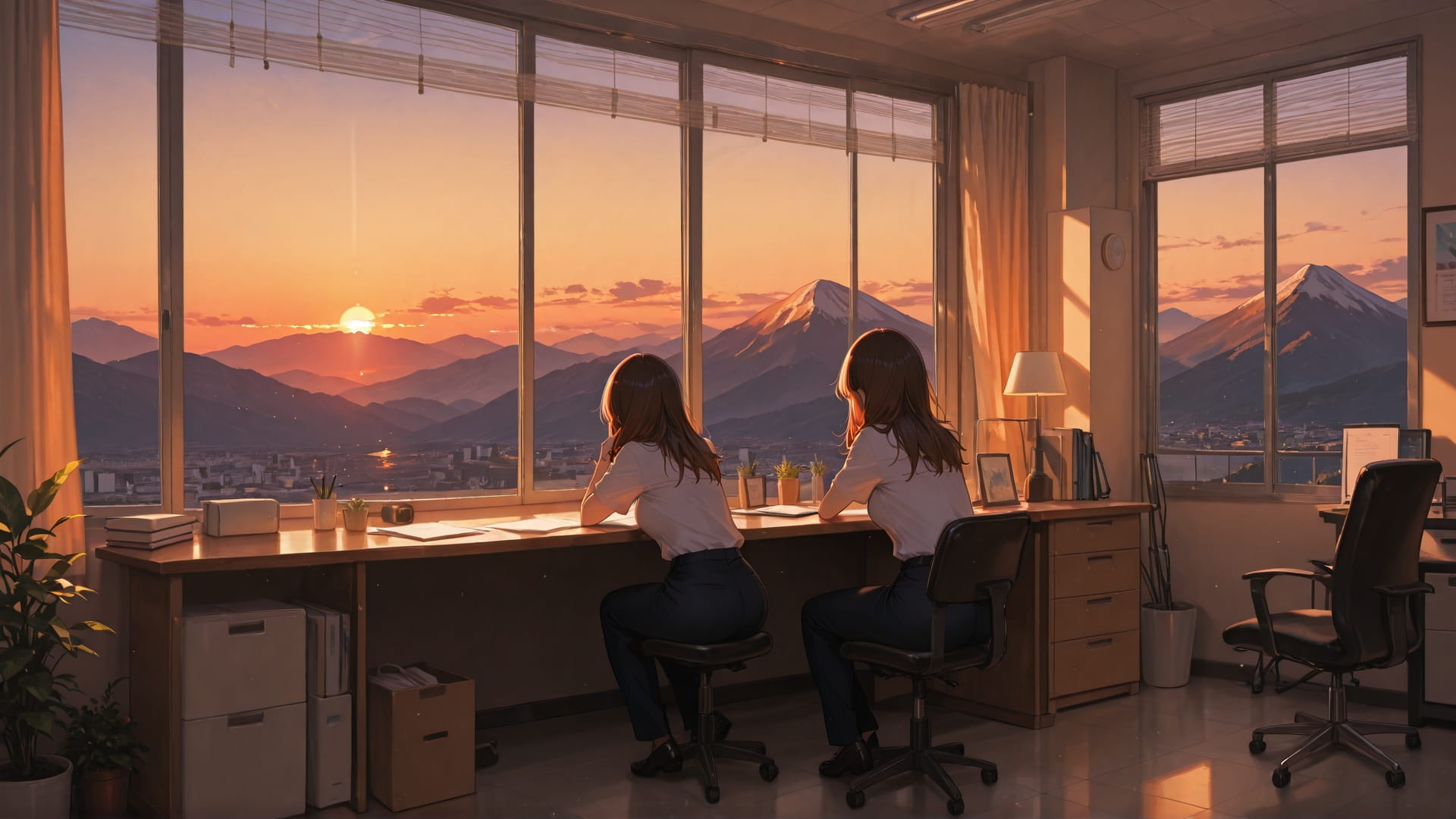 Orange Sunset Mountain Office smartphone wallpaper free download, vertical 16:9 format, Orange, Sunset, Mountain, Summer