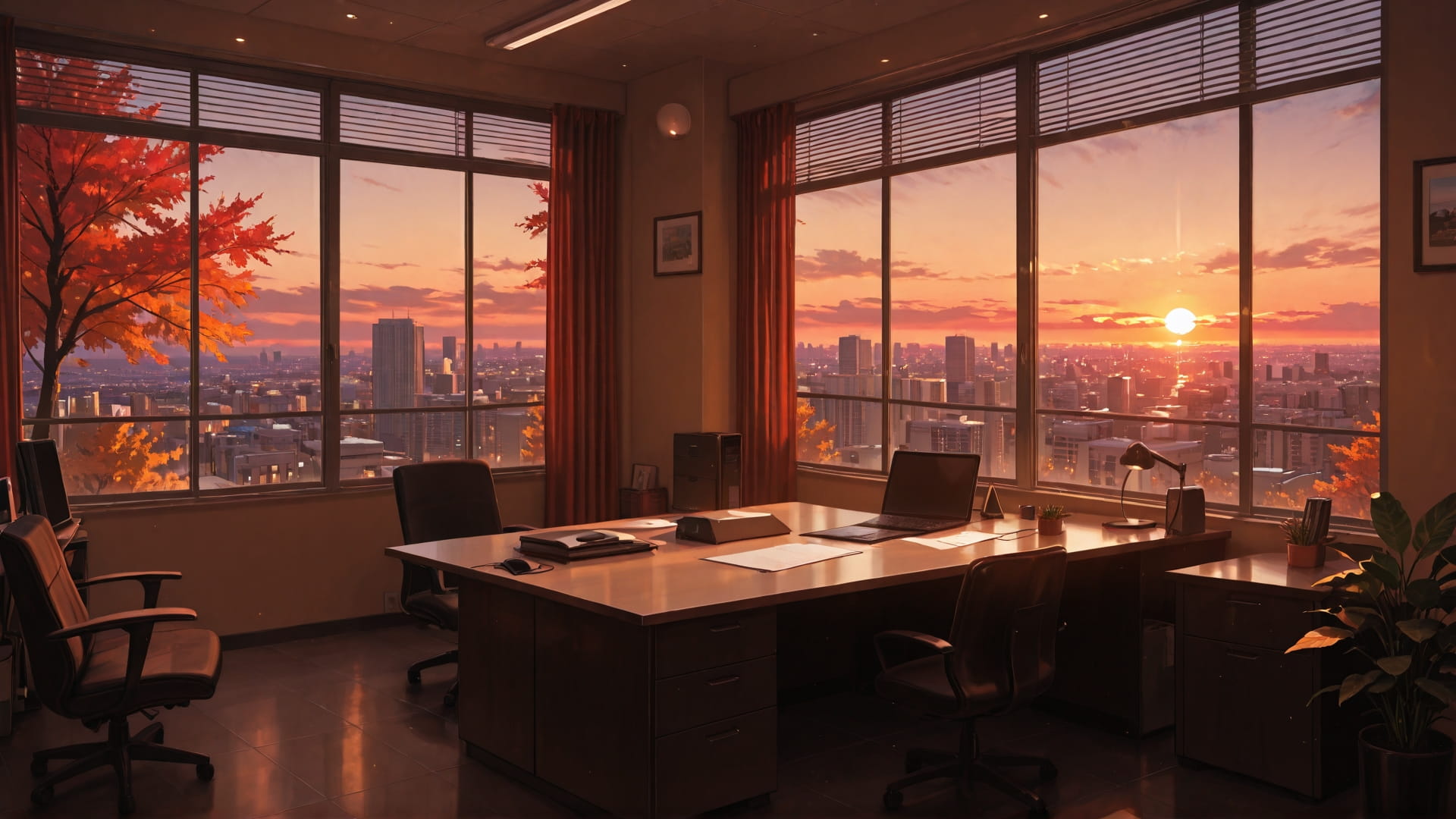 Red Sunset City Office smartphone wallpaper free download, vertical 16:9 format, Red, Sunset, City, Autumn 001