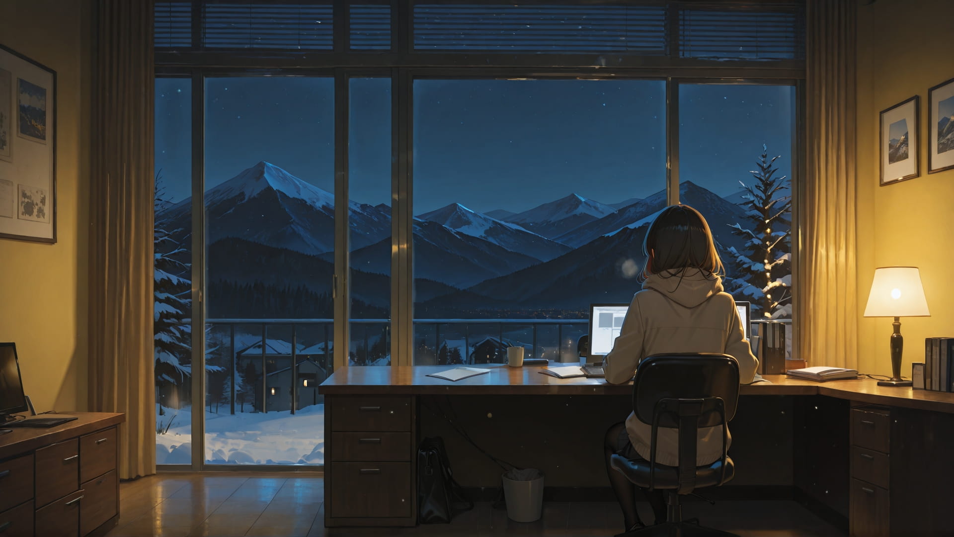 Yellow Night Mountain Office smartphone wallpaper free download, vertical 16:9 format, Yellow, Night, Mountain, Winter