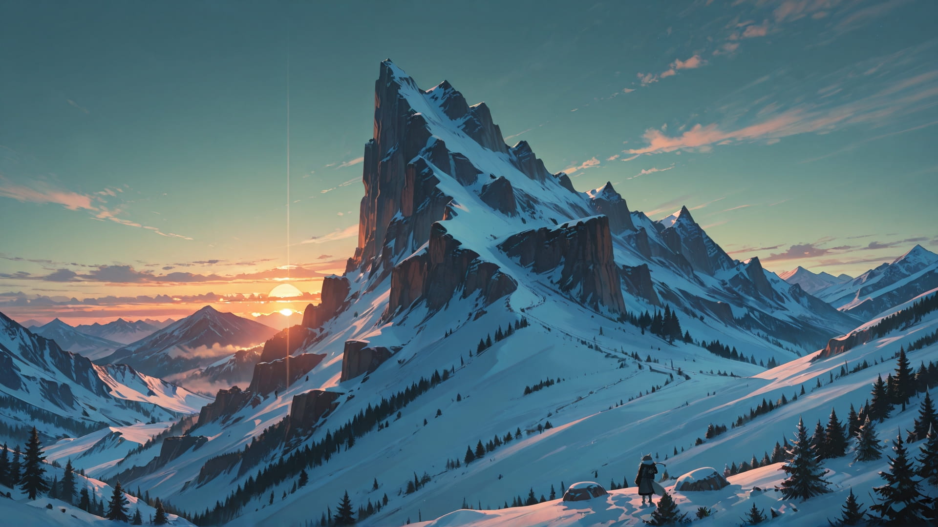 Green Sunset Mountain OptOutEra smartphone wallpaper free download, vertical 16:9 format, Green, Sunset, Mountain, Winter 001