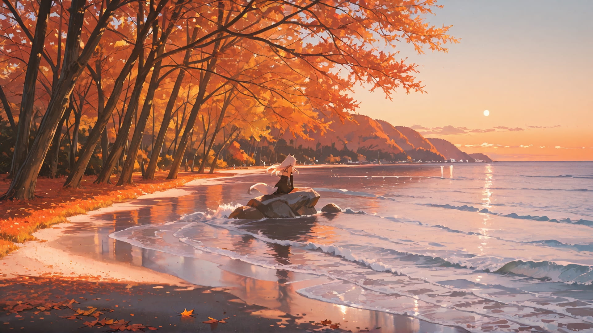 Orange Afternoon Sea OptOutEra smartphone wallpaper free download, vertical 16:9 format, Orange, Afternoon, Sea, Autumn 001