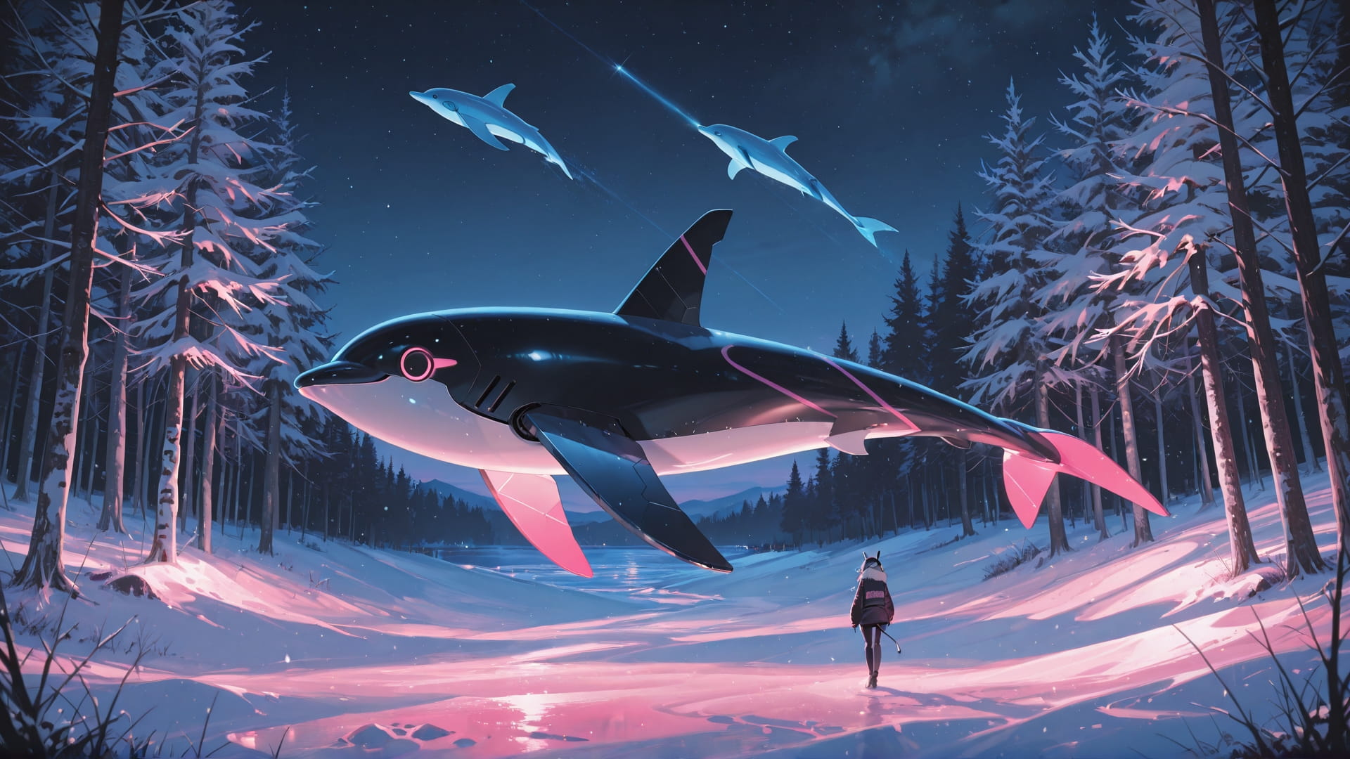 Pink Night Nature OptOutEra smartphone wallpaper free download, vertical 16:9 format, Pink, Night, Nature, Winter