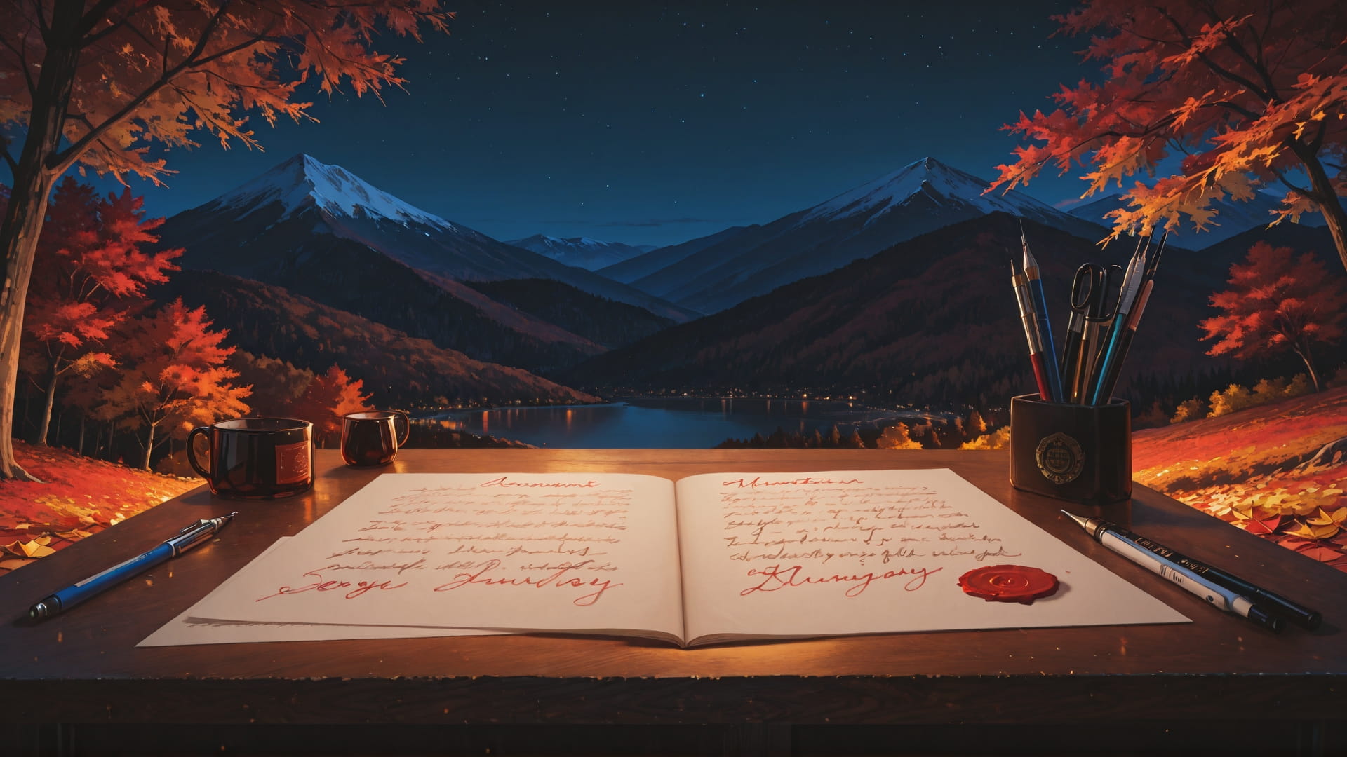 Red Night Mountain PenPals smartphone wallpaper free download, vertical 16:9 format, Red, Night, Mountain, Autumn 001