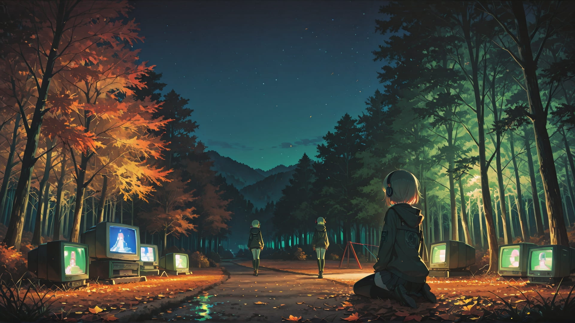 Green Night Nature PromptPlayground smartphone wallpaper free download, vertical 16:9 format, Green, Night, Nature, Autumn