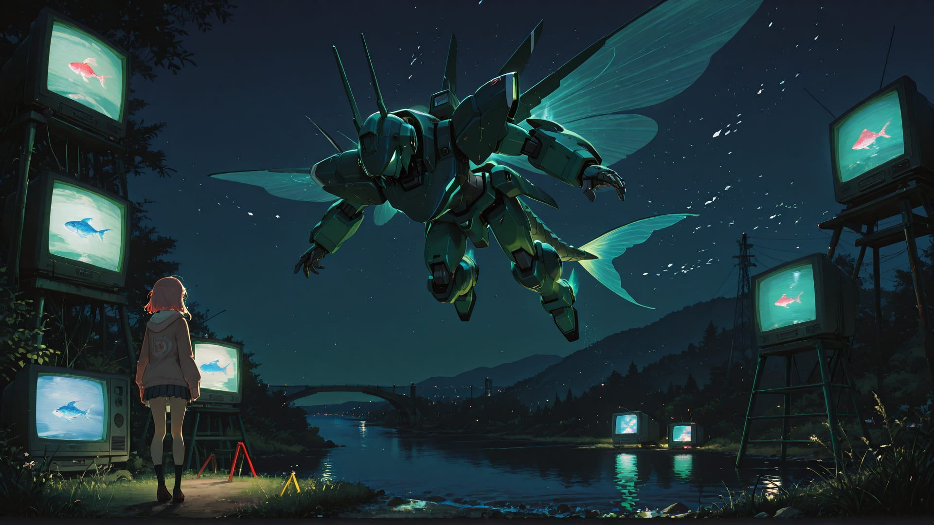 Green Night Sea PromptPlayground smartphone wallpaper free download, vertical 16:9 format, Green, Night, Sea, Spring