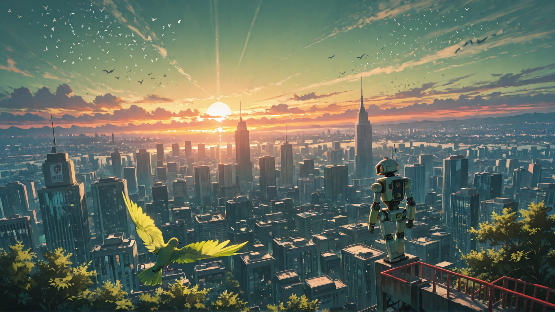 Green Sunset City PromptPlayground smartphone wallpaper free download, vertical 16:9 format, Green, Sunset, City, Spring