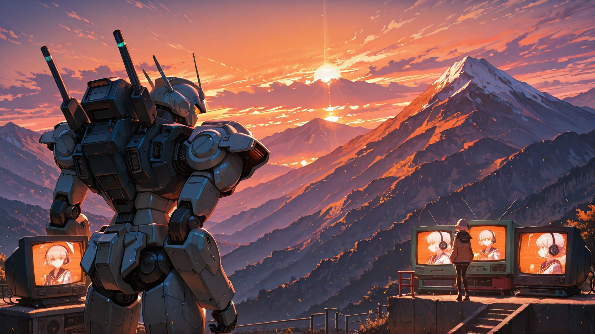 Orange Sunset Mountain PromptPlayground smartphone wallpaper free download, vertical 16:9 format, Orange, Sunset, Mountain, Spring