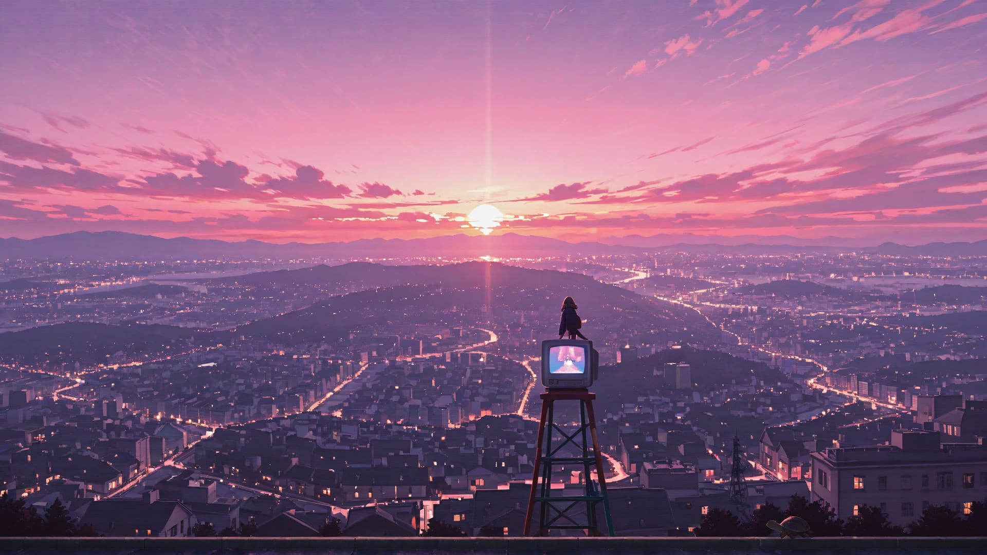 Pink Sunset City PromptPlayground smartphone wallpaper free download, vertical 16:9 format, Pink, Sunset, City, Winter