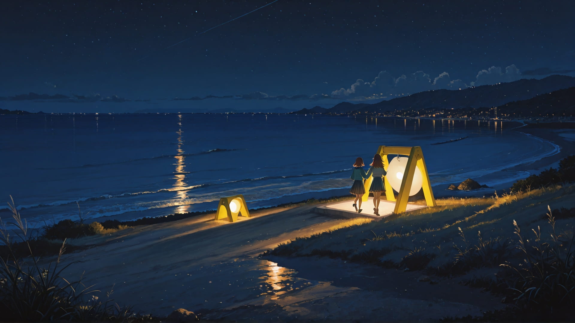 Yellow Night Sea PromptPlayground smartphone wallpaper free download, vertical 16:9 format, Yellow, Night, Sea, Spring 001