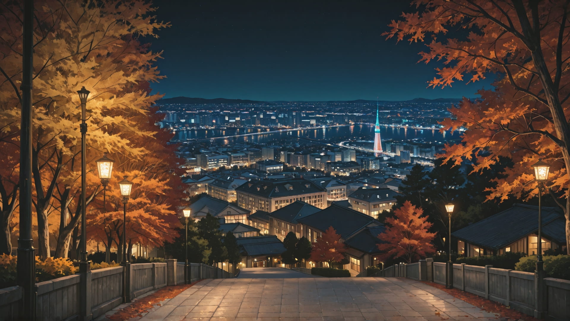 Green Night City QuietLuxury smartphone wallpaper free download, vertical 16:9 format, Green, Night, City, Autumn 001