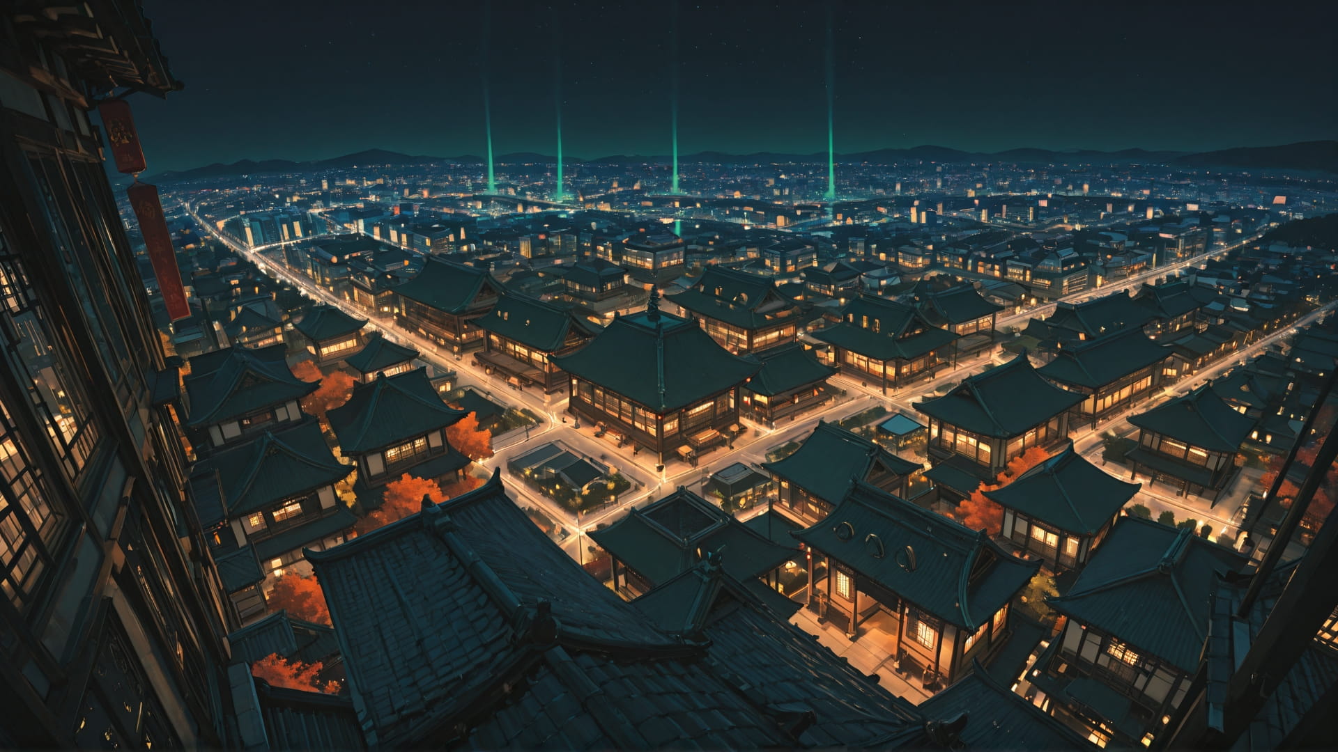 Green Night City RealityWarp smartphone wallpaper free download, vertical 16:9 format, Green, Night, City, Autumn