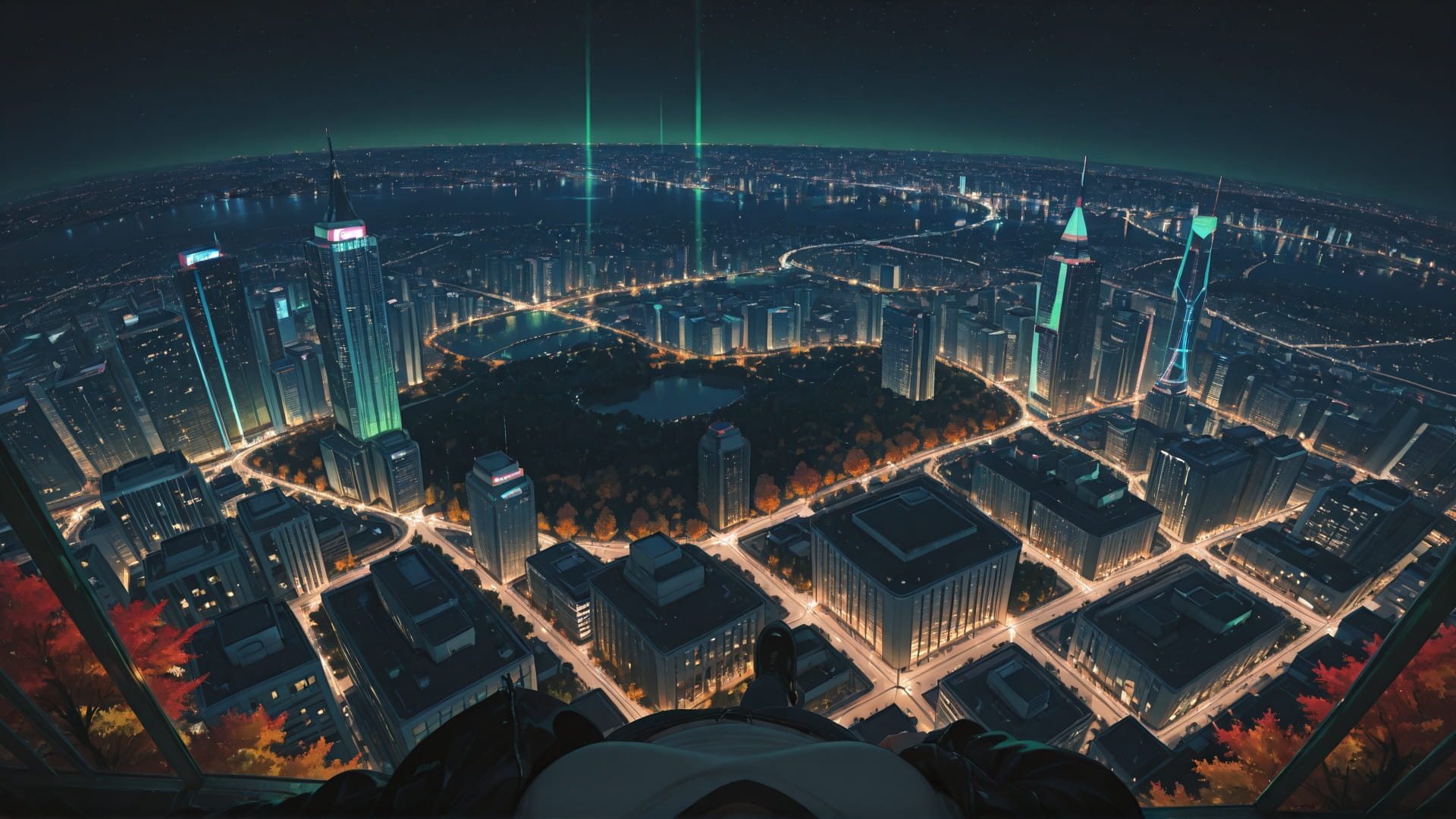 Green Night City RealityWarp smartphone wallpaper free download, vertical 16:9 format, Green, Night, City, Autumn 001